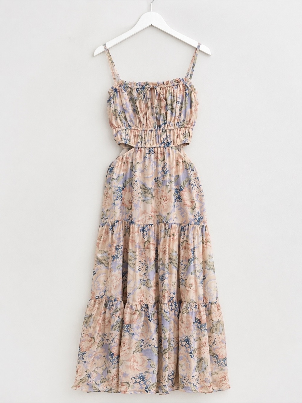 ASTR The Label Blue Peach Floral Tiered Dress XL Cottagecore Midi Spring Odina